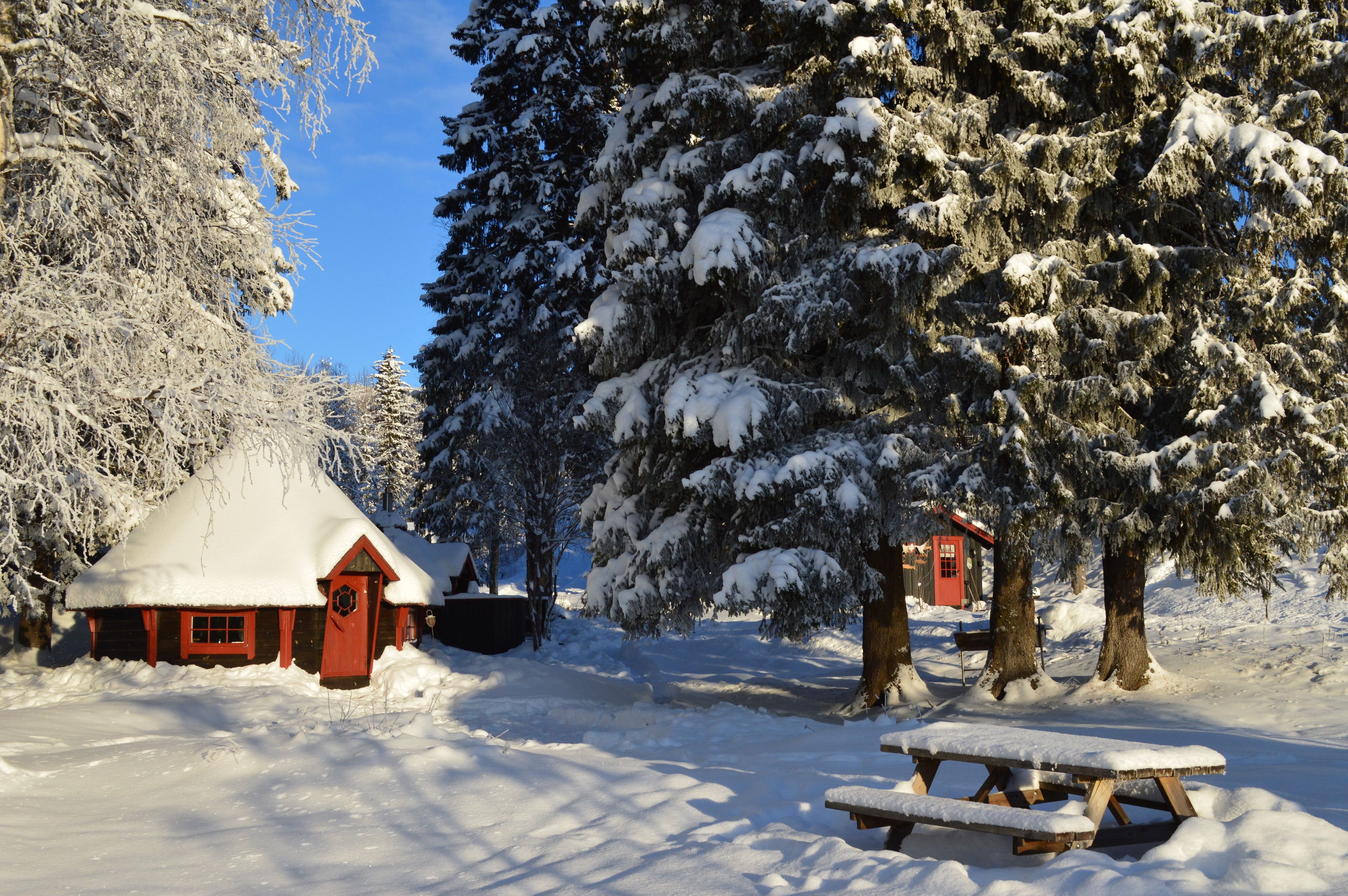 Una cabaña cubierta de nieve con una puerta roja, un banco de madera y un teléfono rojo al fondo.