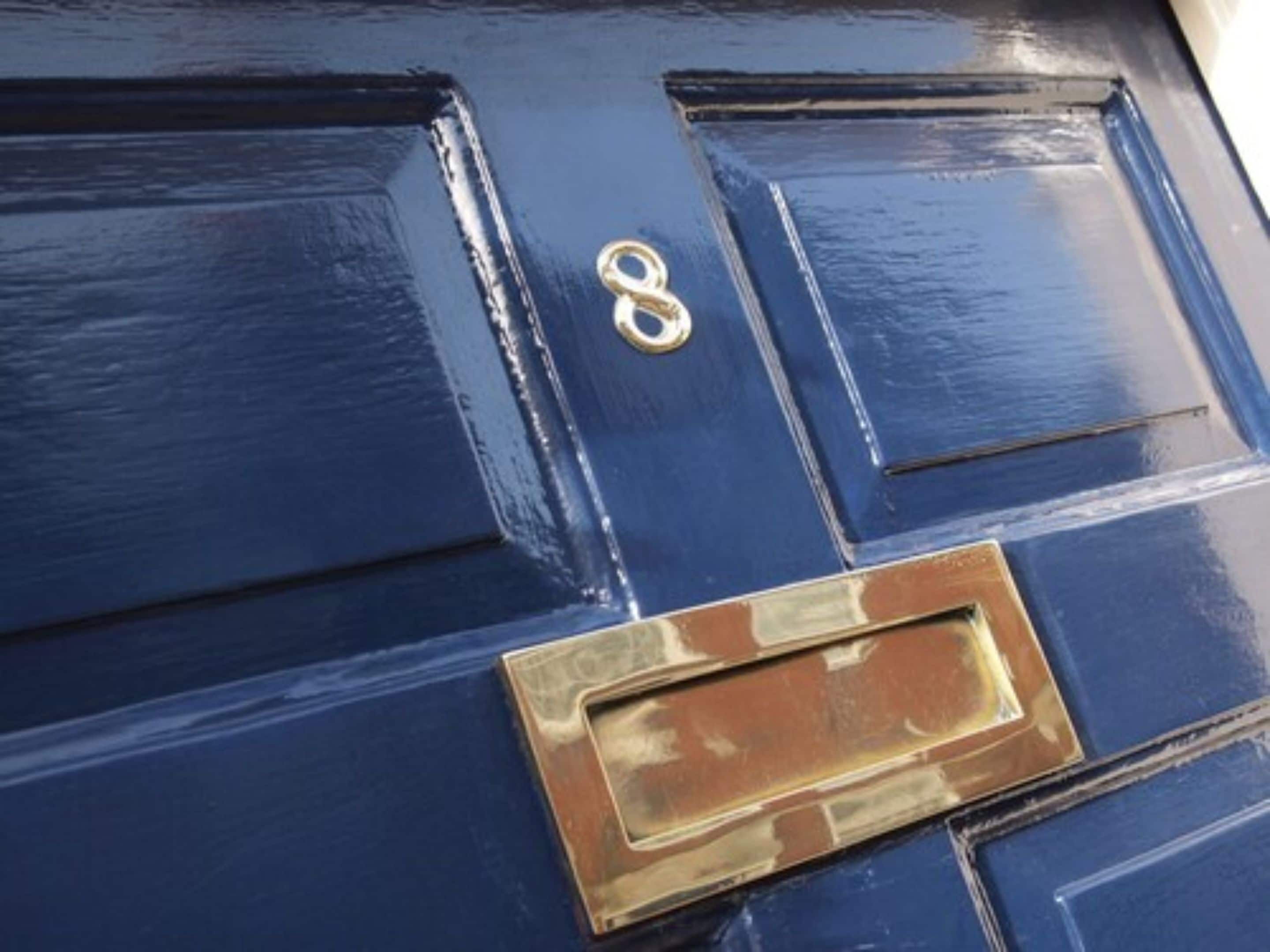 A blue door with a brass knocker and a rectangular mail slot.
