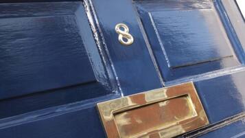 A blue door with a brass knocker and a rectangular mail slot.