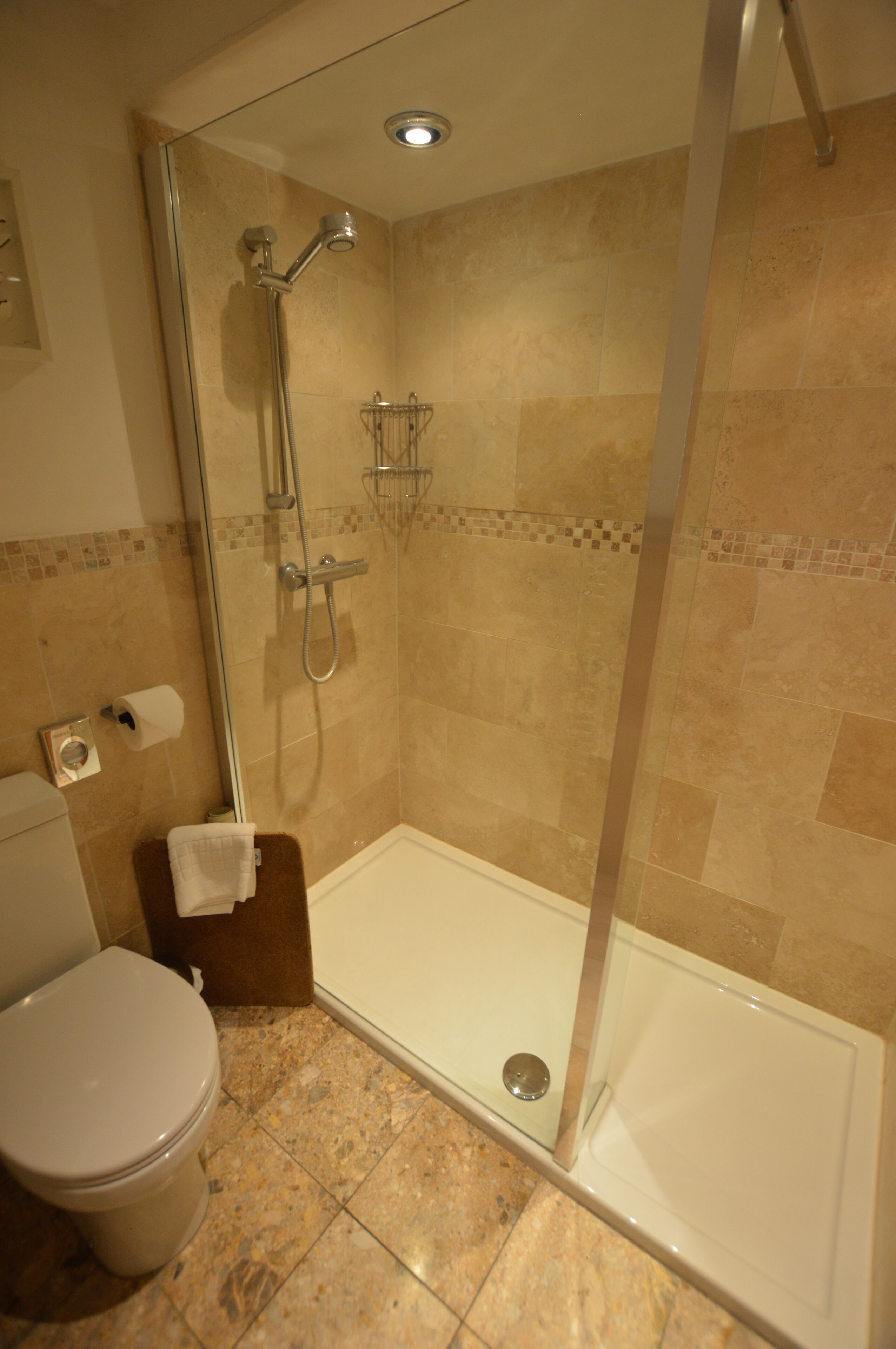 A bathroom with a glass-enclosed shower, a toilet, and a sink.