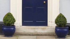A blue door with a white frame, flanked by two potted plants. - Chantry Hotel (Bury St Edmunds)