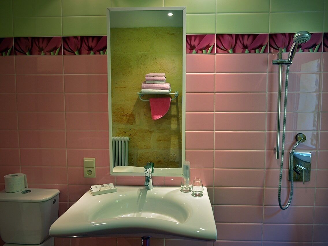 Un baño con lavabo, espejo y ducha.