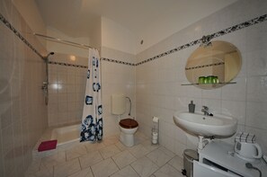 Basic Double Room, Accessible (No Roll-in Shower, Room 5) | Bathroom | Shower, towels - Penzion Kölbl (Cesky Krumlov)