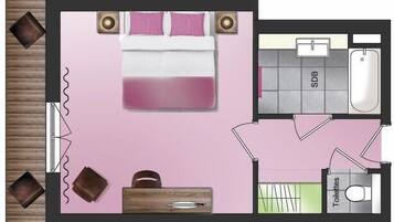 Distribución de una habitación de hotel con cama, baño y zona de estar.