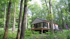 A wooden cabin in a forest with a deck and stairs leading up to the entrance. - Chalet in Oignies near French Border (Oignies en Thierache)