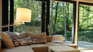 A modern living room with a sofa, pillows, a table, and a lamp. - Chalet in Oignies near French Border (Oignies en Thierache)