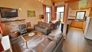 A cozy living room with a sofa, TV, fireplace, and dining area.