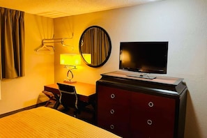Desk, laptop workspace, blackout drapes, free WiFi
