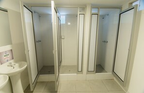 Shower, rainfall showerhead, towels