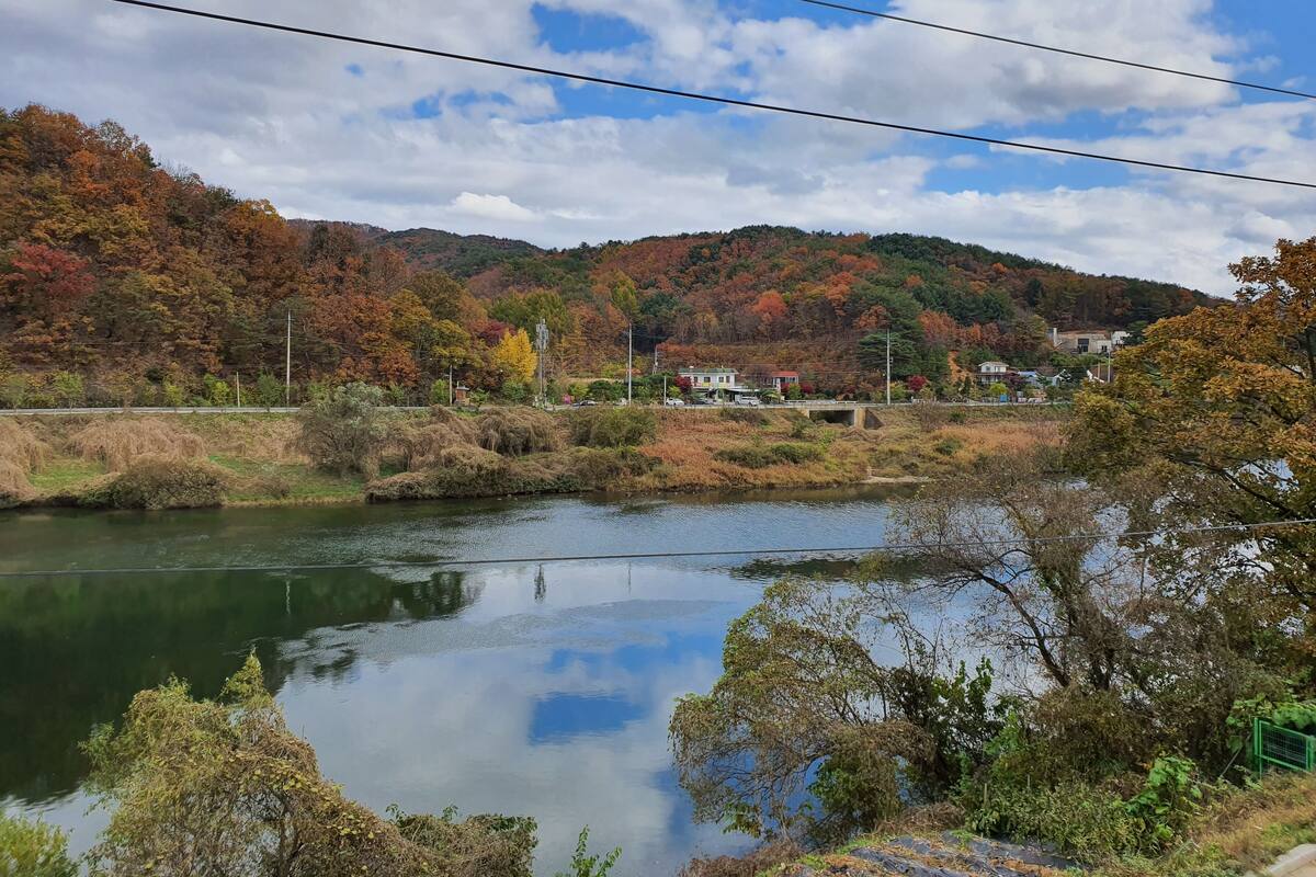 Eine friedliche Flusslandschaft mit Herbstlaub, einer Brücke und Häusern im Hintergrund.