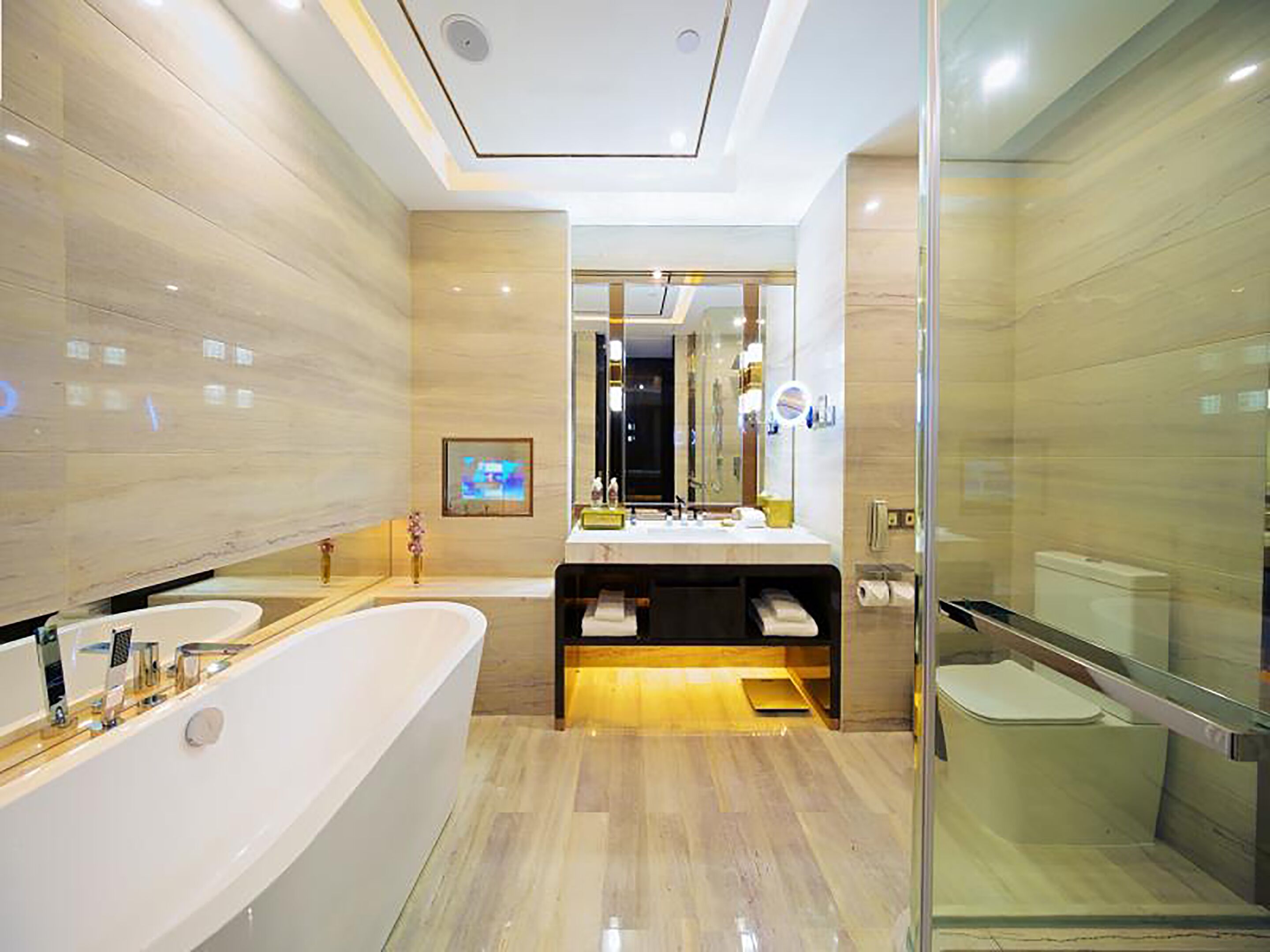 separate bathtub and shower, deep-soaking bathtub