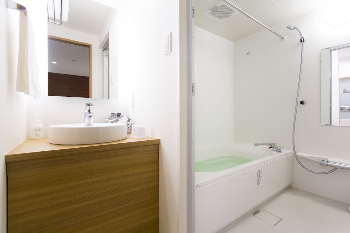 Separate tub and shower, deep soaking tub, free toiletries, hair dryer