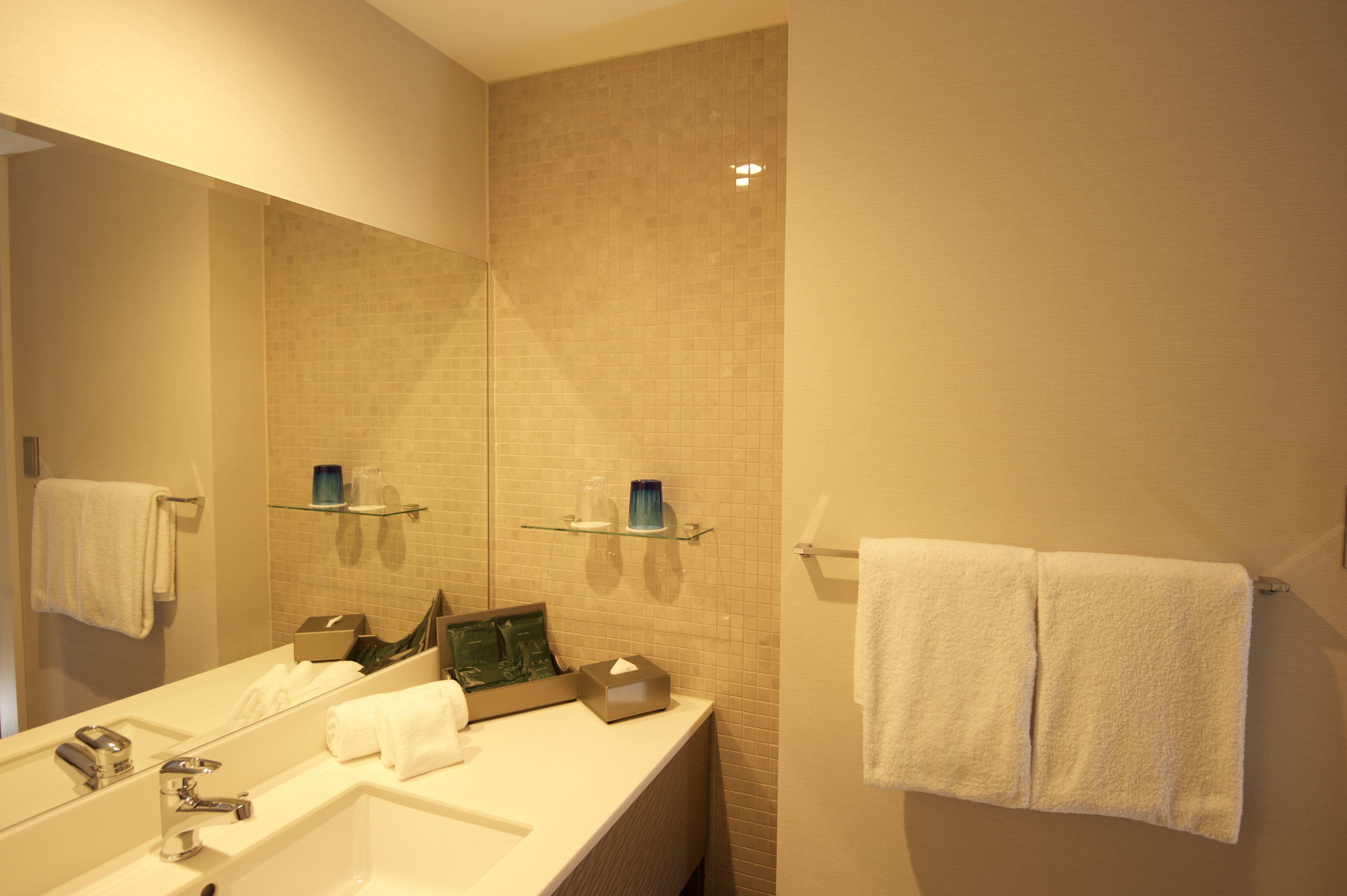 A modern bathroom with a large mirror, a sink, and two towel racks.