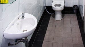 A small, clean bathroom with a white sink, a toilet, and a glass shelf with toiletries. - Setra Priangan Guesthouse (Bandung)