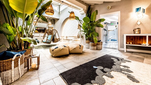 A spacious living area with a large plant, a hanging light fixture, and a fireplace. - Boutique Hotel Capo Blu (Pula)