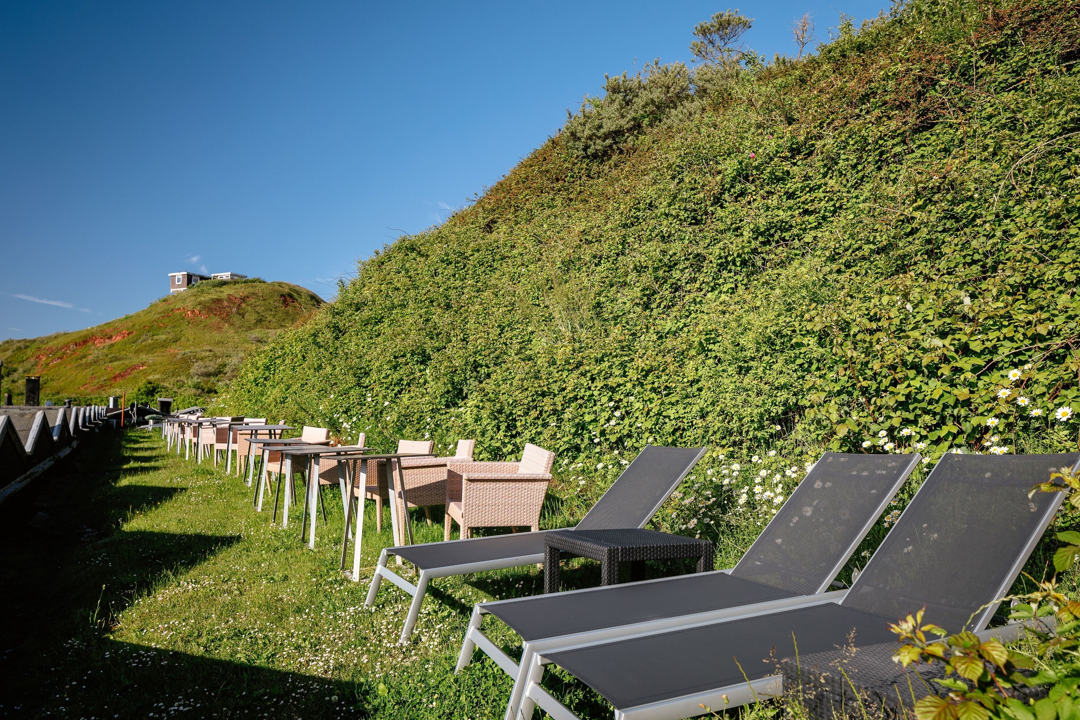 A row of sun loungers and wicker chairs on a grassy slope with a view of a hill and a building in the distance.