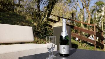 A bottle of wine and an empty glass on a table outdoors.