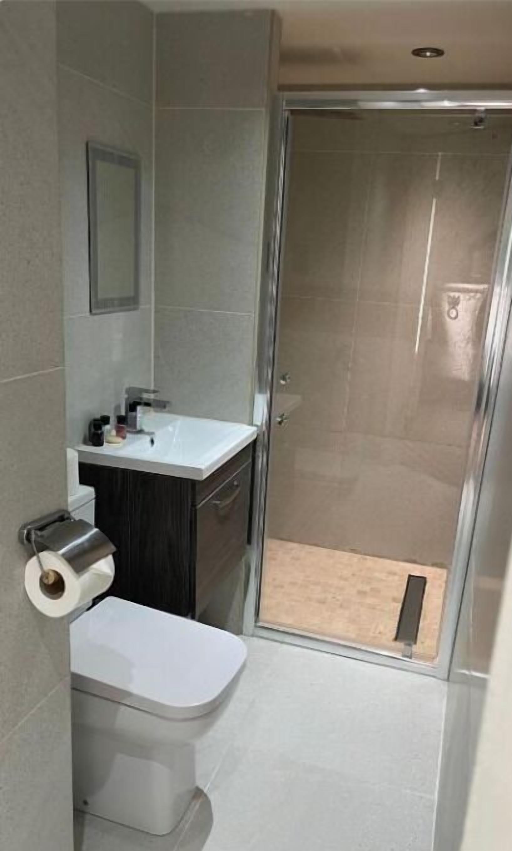 standard king room with shower | bathroom | free toiletries, hair dryer, towels