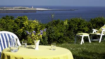 A table with a pitcher and glass, a vase with flowers, and a chair with a cushion, set against a backdrop of a grassy area and the sea.