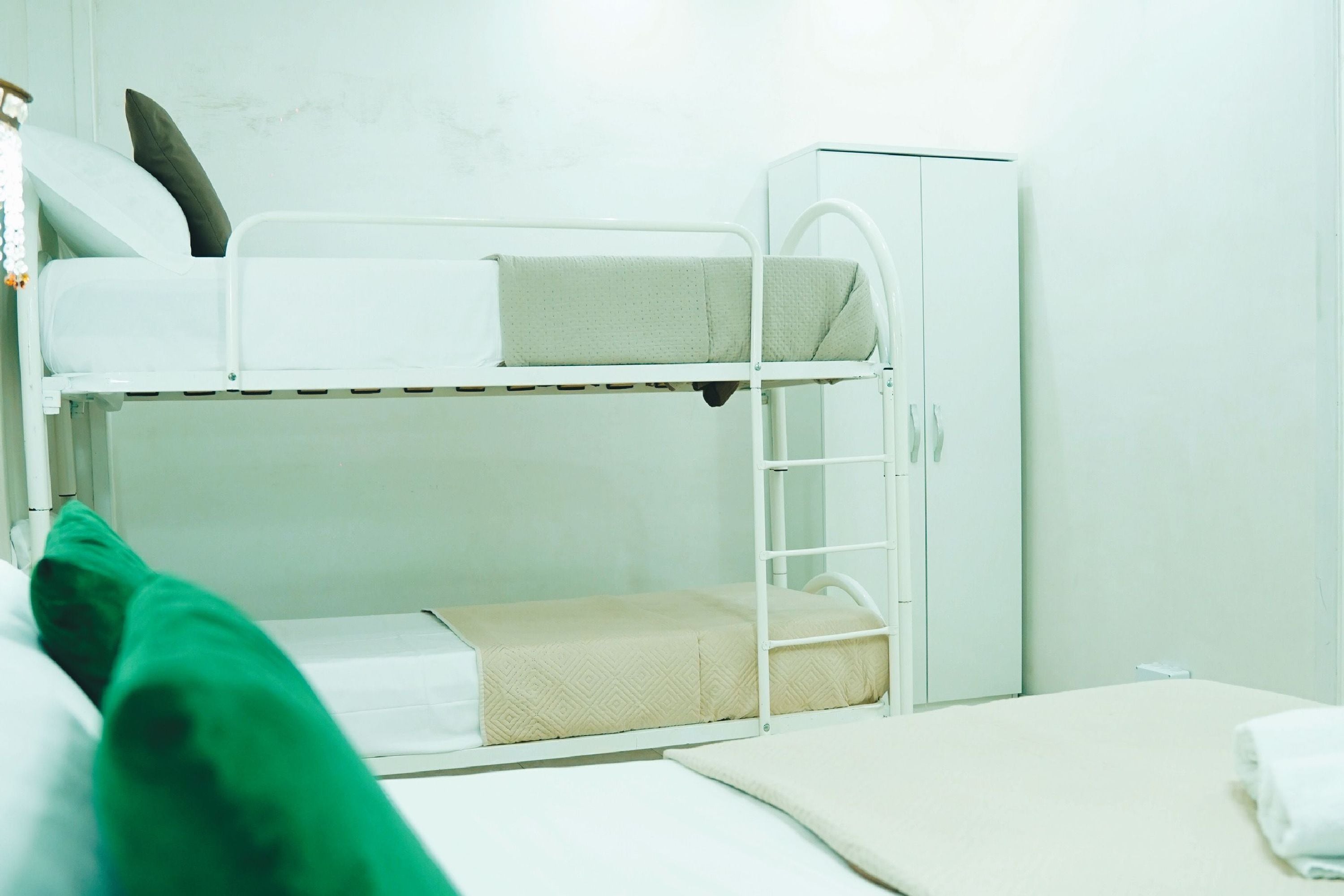 Un letto a castello con un letto inferiore, una scala e un armadio.