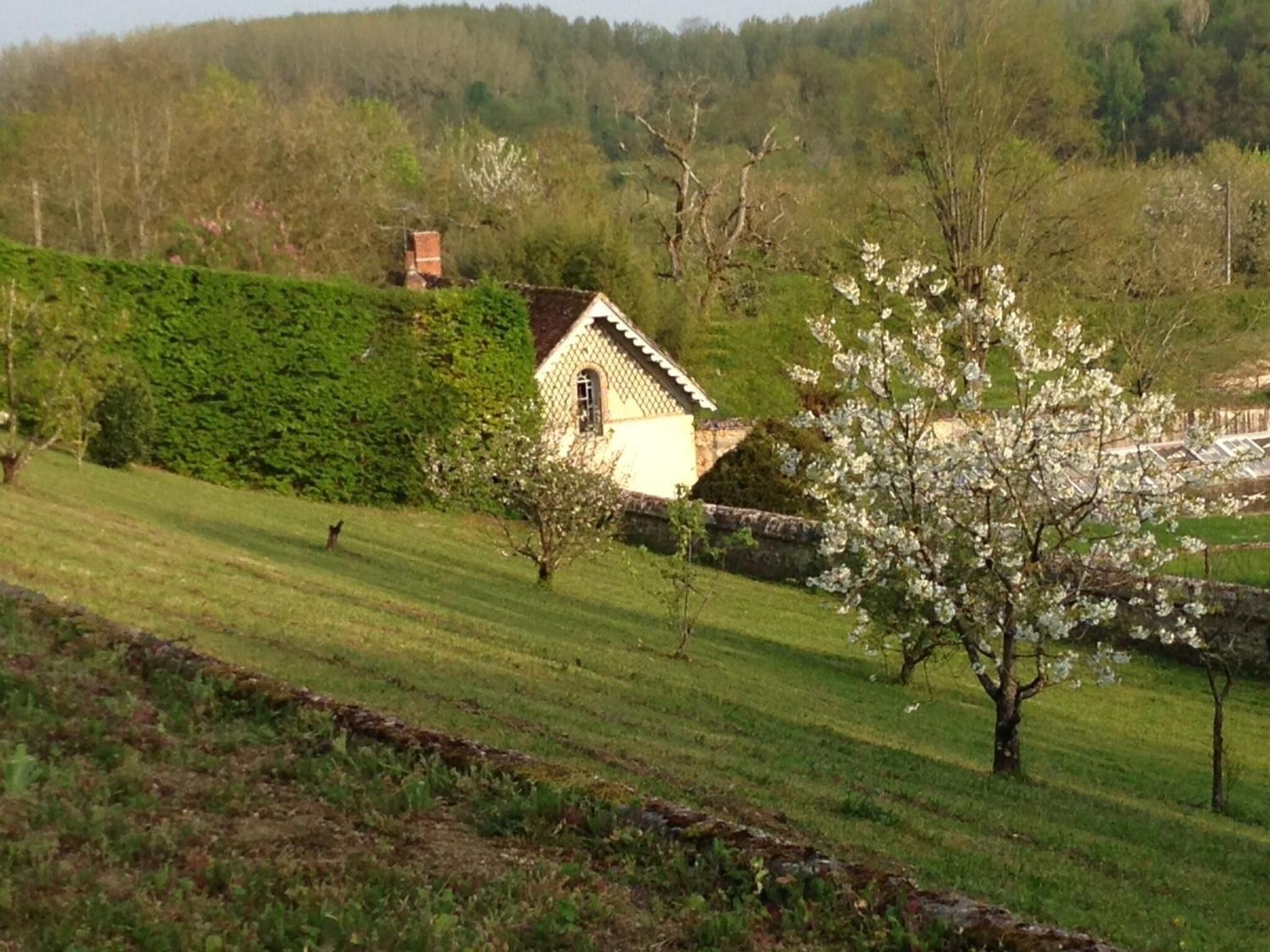 A rural house with a sloped roof, surrounded by lush greenery and flowering trees.