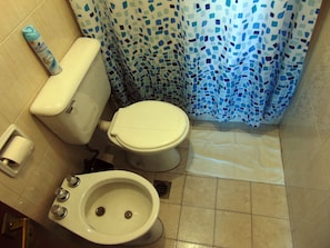 Un bany amb vàter, bidet i cortina de dutxa.