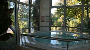 An indoor swimming pool with a glass barrier, surrounded by large windows offering views of trees and greenery. - Rêve en famille (Gastes)