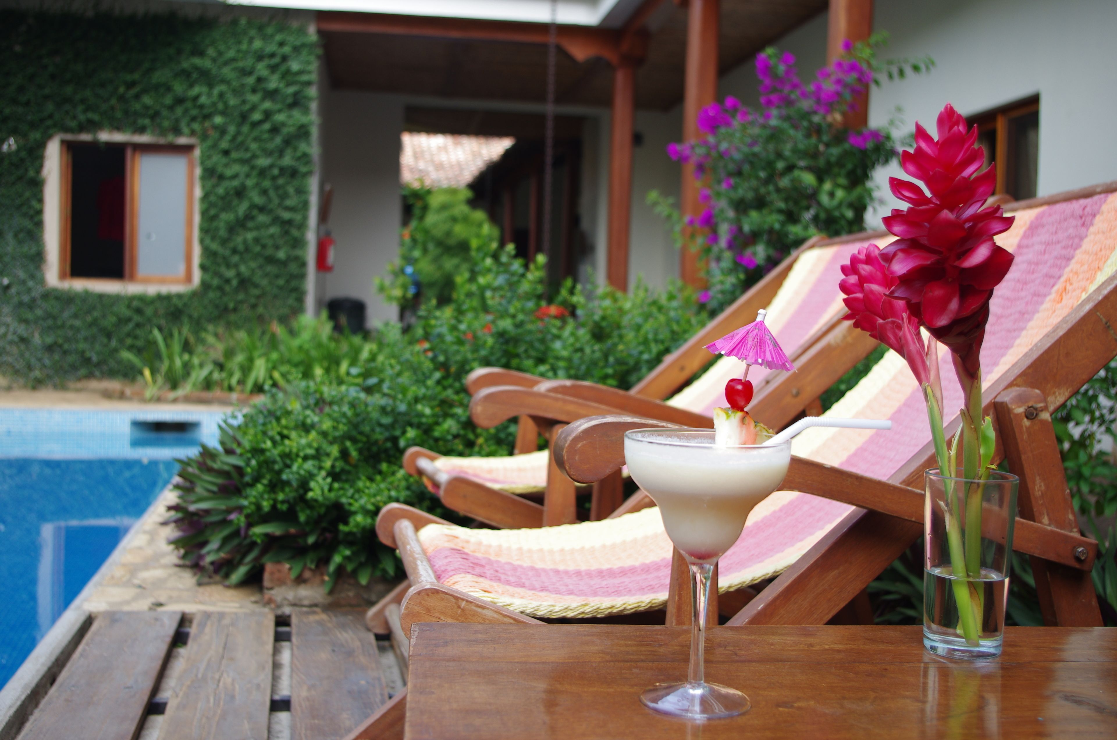 outdoor pool, pool loungers