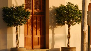 A building with a sign reading "Hotel Concorazon" above a wooden door. There are two potted trees in front of the door. - Hotel con Corazón (Granada)