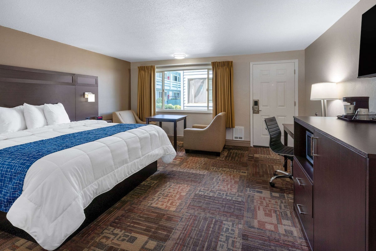 Een hotelkamer met een groot bed, een bureau, een stoel en een televisie.