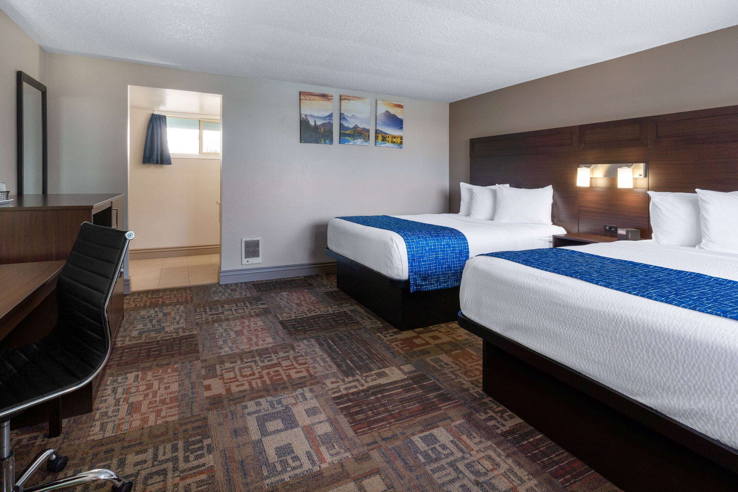 A hotel room with two beds, a desk, a chair, a patterned carpet, and wall art.