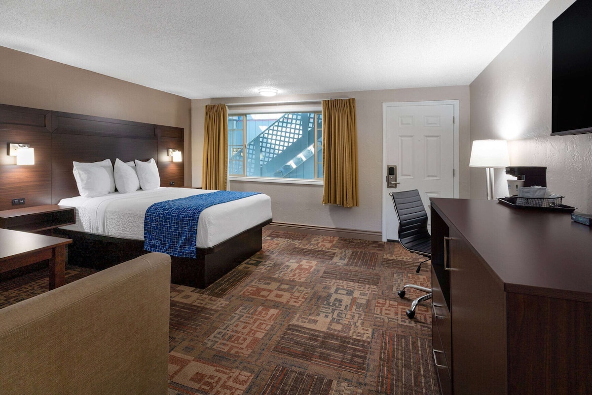 Een hotelkamer met een groot bed, een bureau, een stoel, een bureaulamp en een raam met gordijnen.