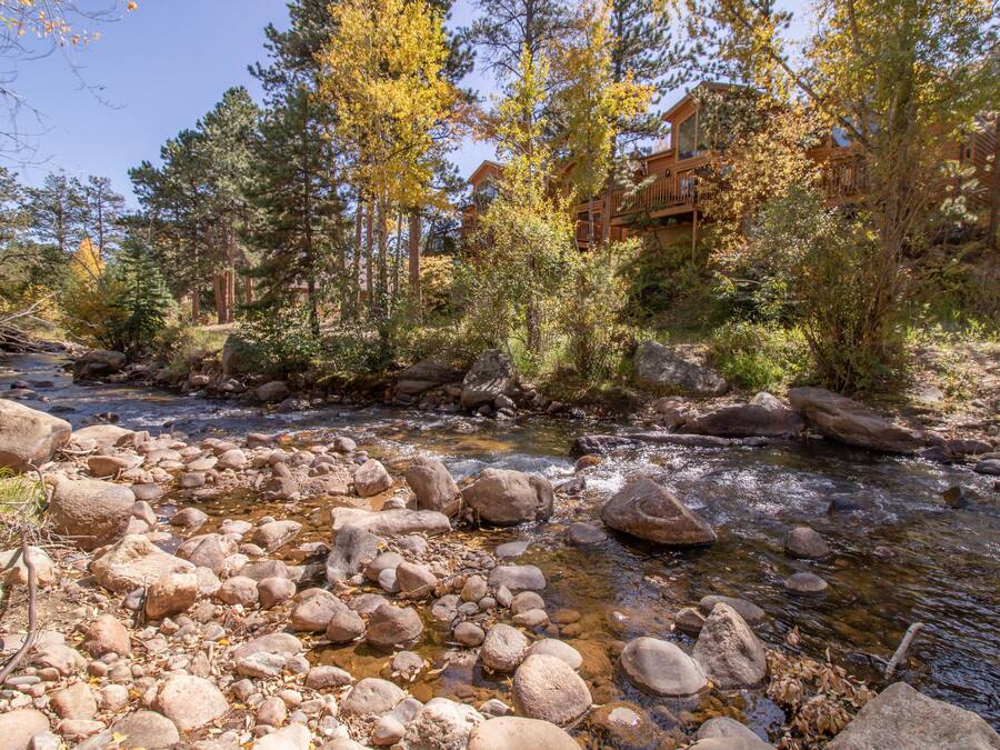 A natural outdoor setting with a stream, rocks, and trees.