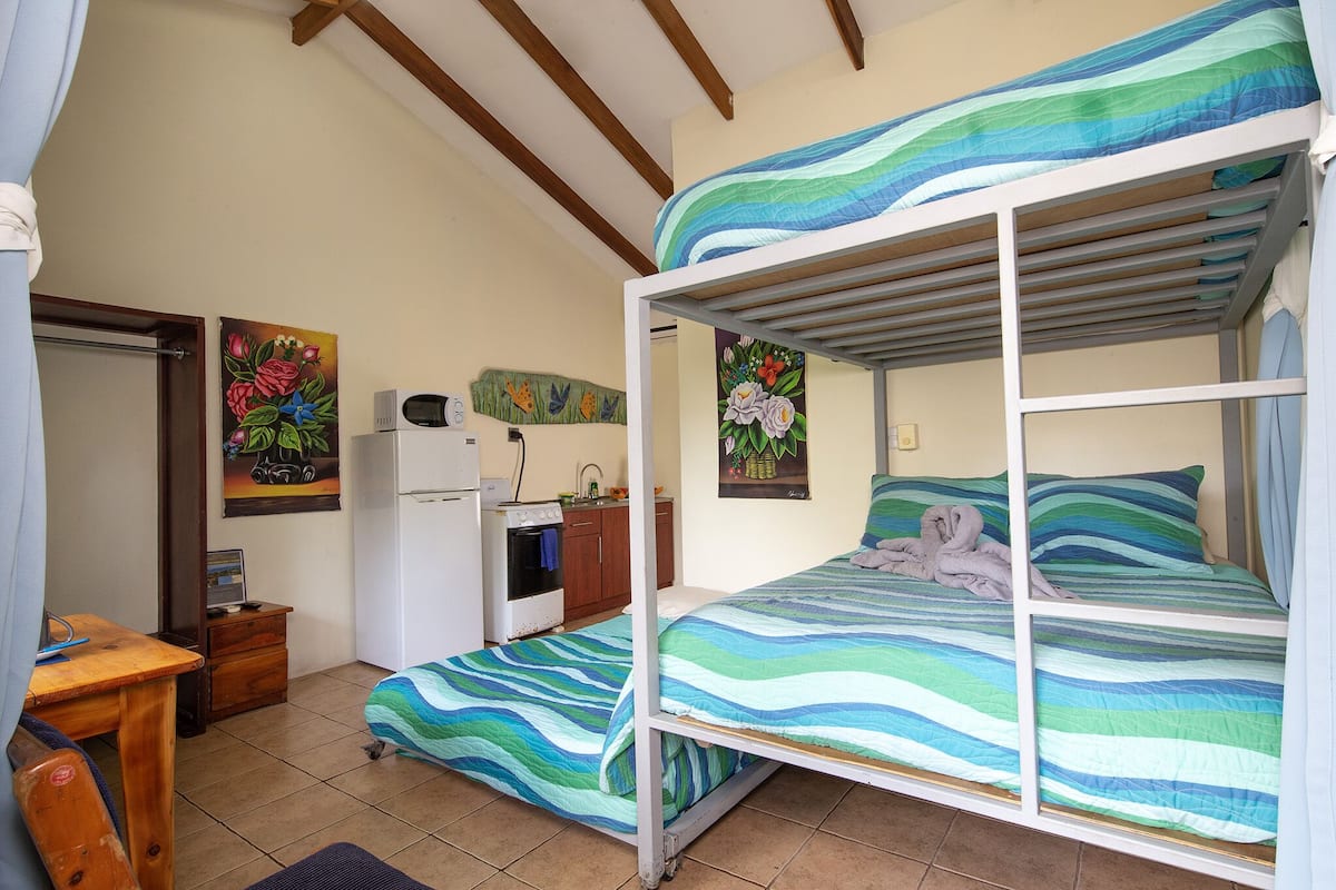 A bedroom with a bunk bed, a desk, a small kitchenette, and two paintings on the wall.
