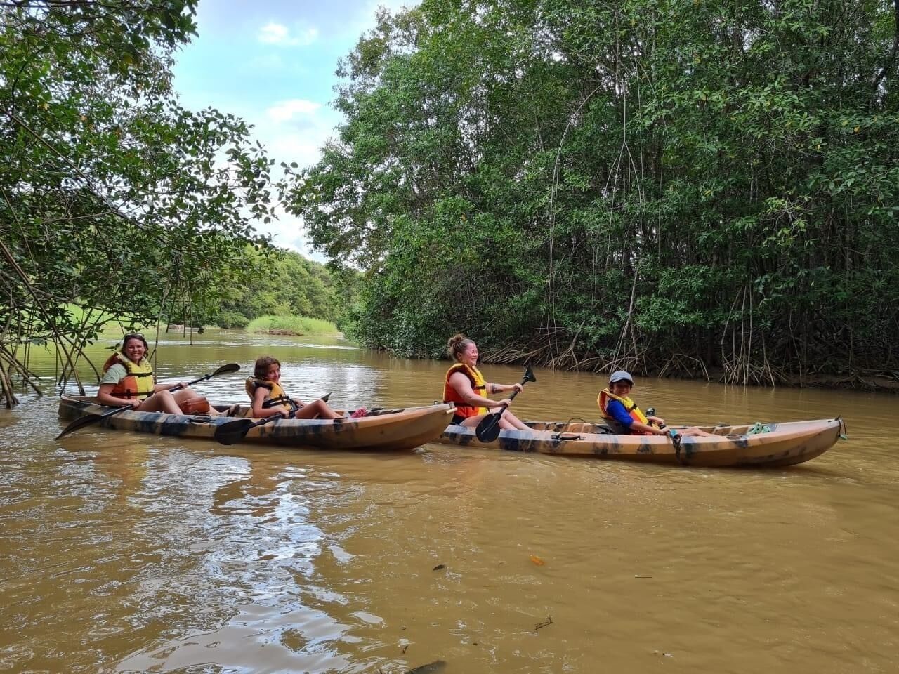 Four canoes on a river surrounded by dense forest.