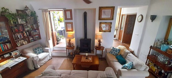 A cozy living room with a fireplace, a bookshelf, and a sofa. - Millers of Frigiliana (Frigiliana)