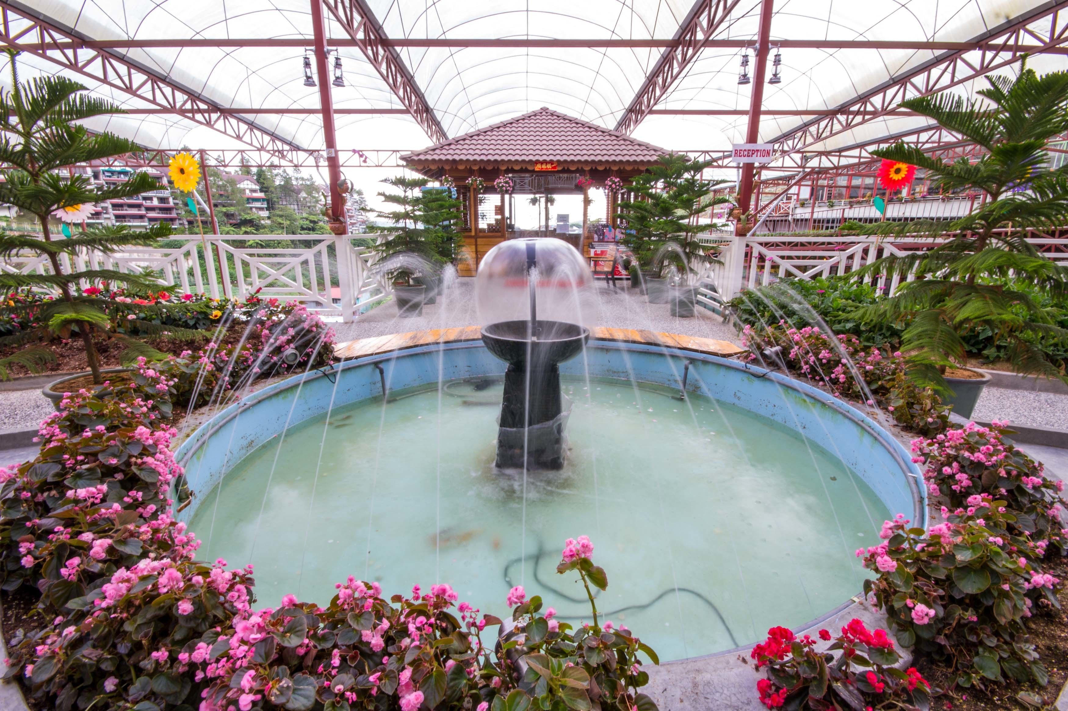 A greenhouse with a central fountain surrounded by pink flowers and a gazebo in the background.