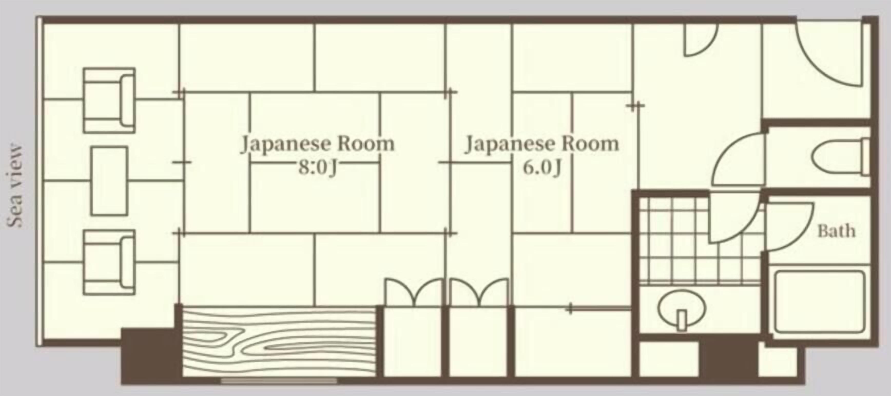 A floor plan with two Japanese rooms, a sea view, and a bathroom.