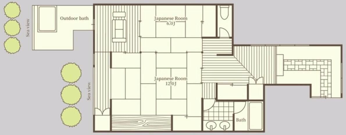 A floor plan with two Japanese rooms, an outdoor bath, and sea views.