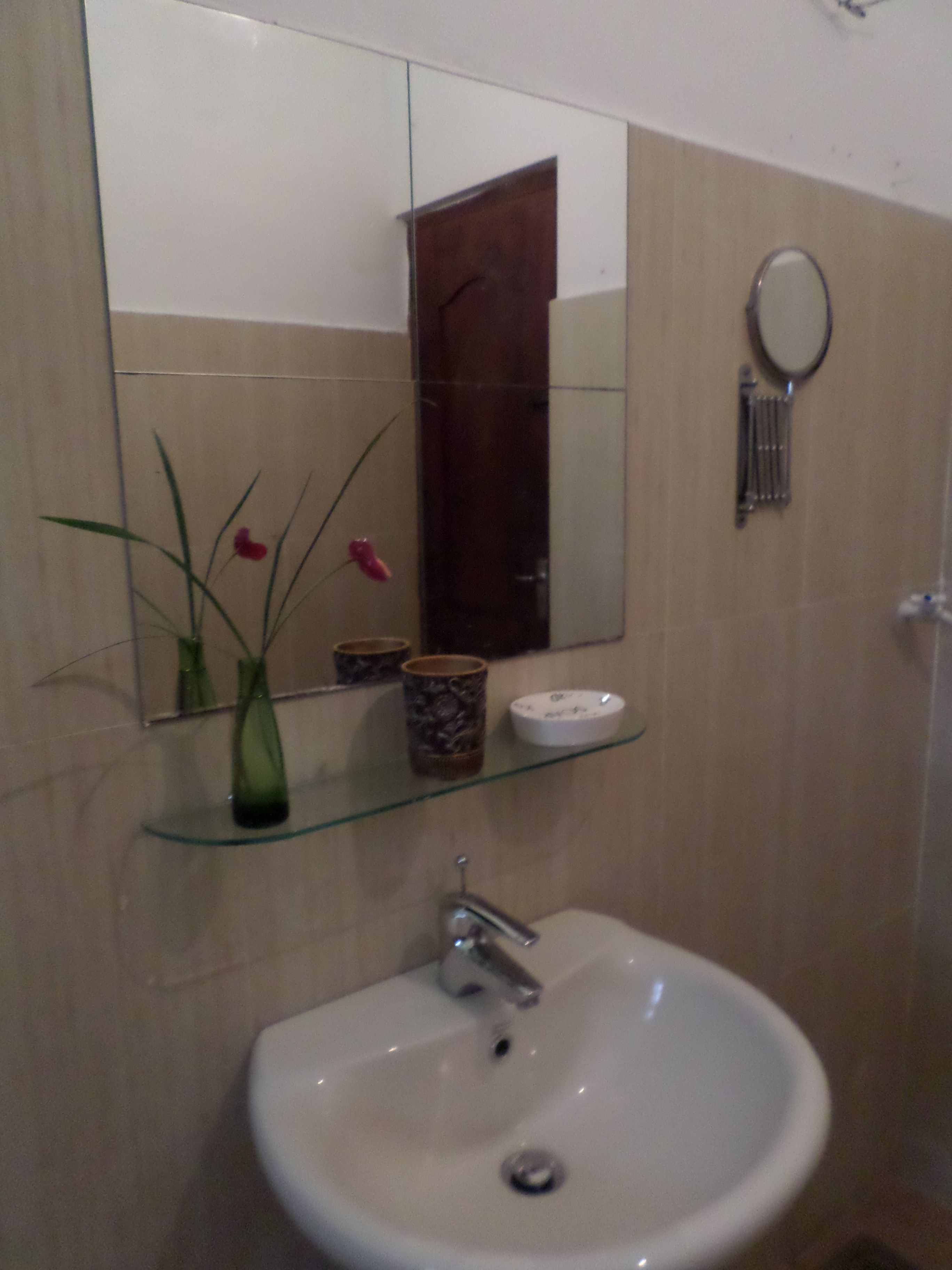 Un baño con un lavamanos blanco, un estante de vidrio con un florero y una taza, un espejo y un perchero para toallas.