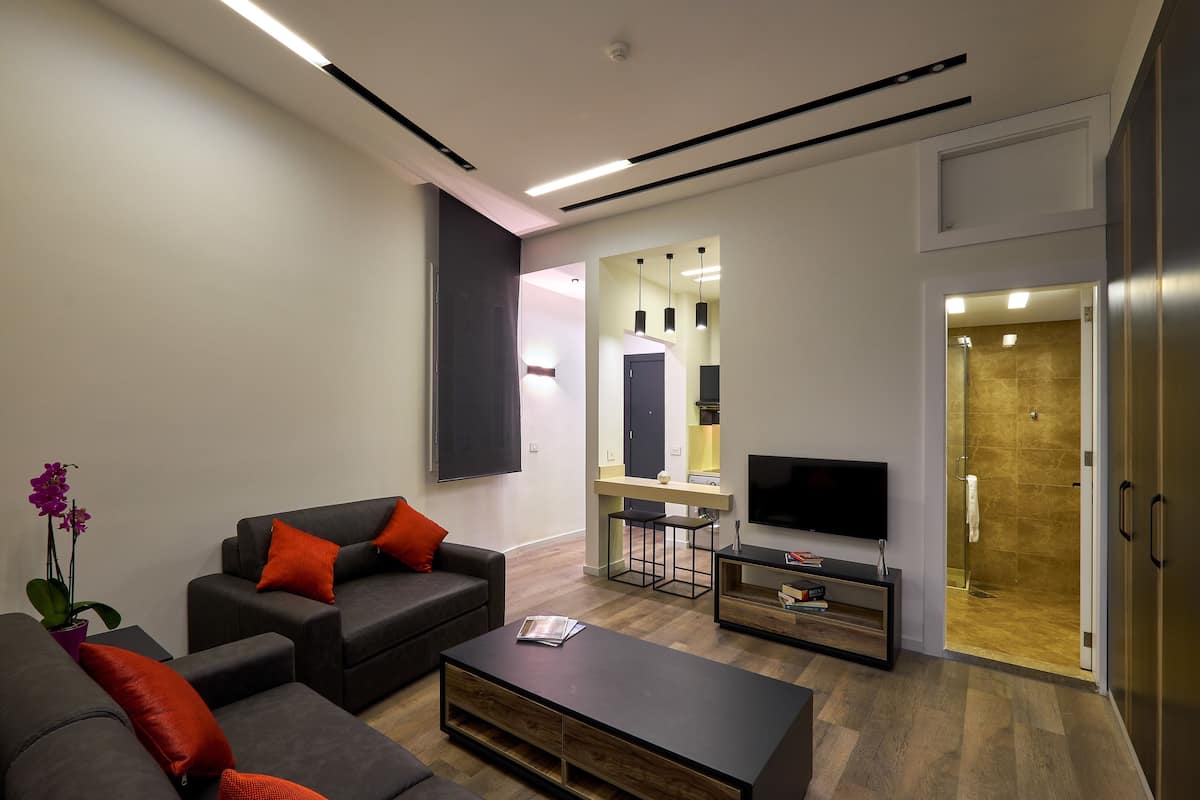 Executive Apartment, 1 Queen Bed, Smoking | Living room | 39-inch LED TV with satellite channels, TV