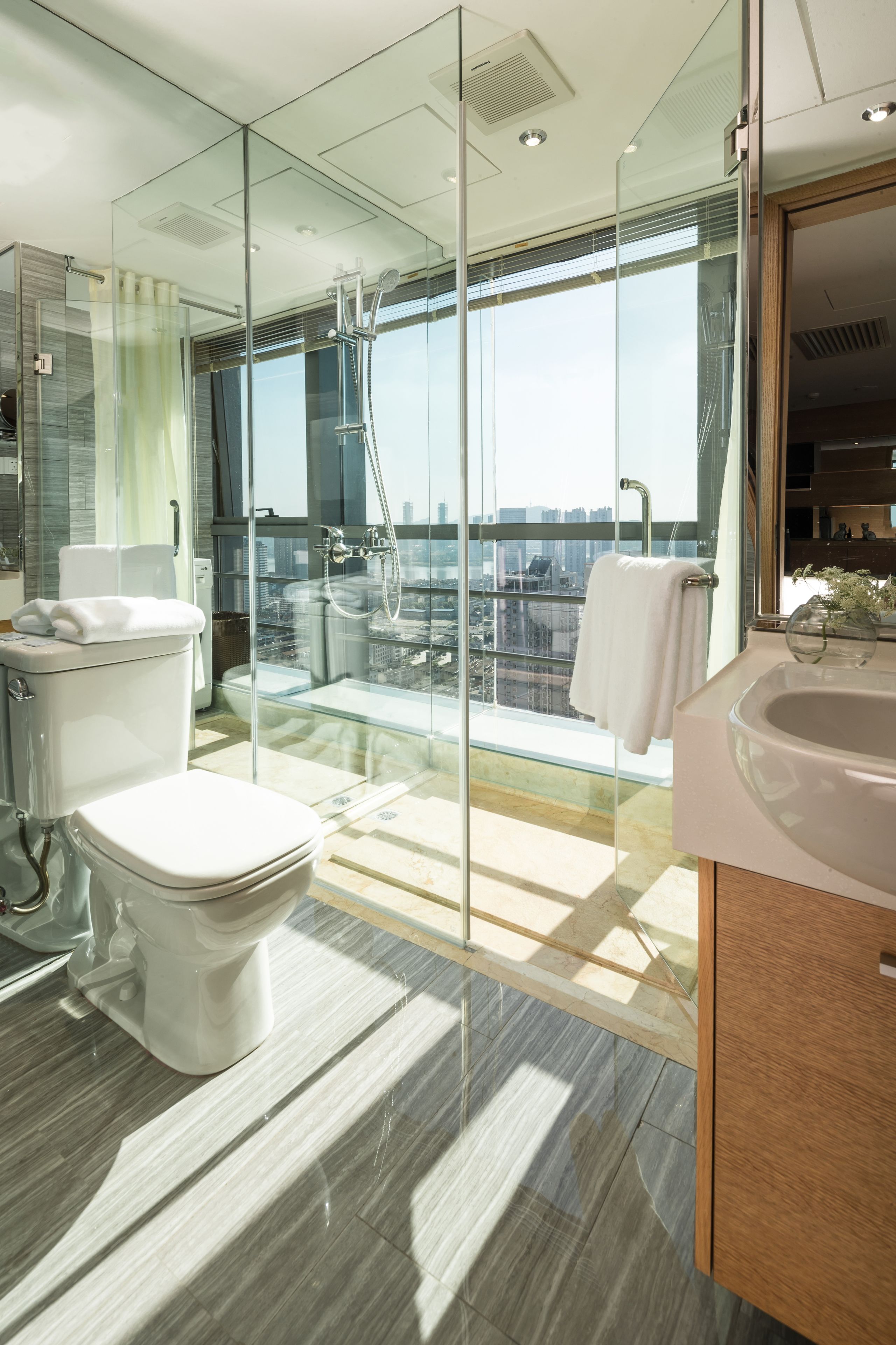 A modern bathroom with a glass-enclosed shower, a toilet, and a sink.