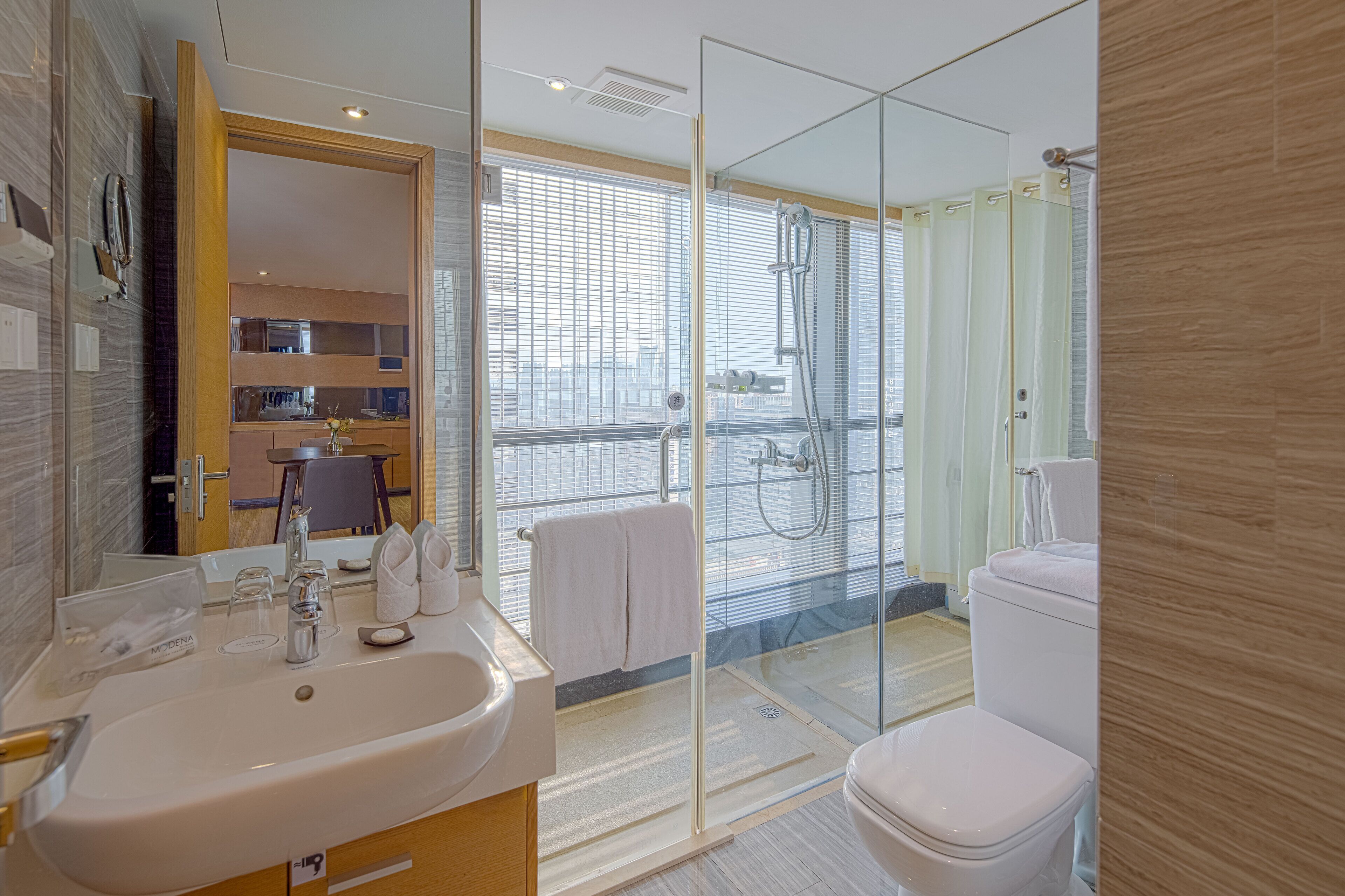 A modern bathroom with a glass-enclosed shower, a white sink, and a toilet.