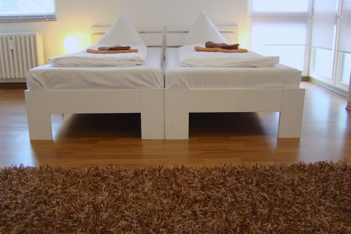 A modern hotel room with two white beds, a brown shag rug, and large windows.