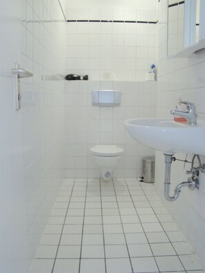 Ein Badezimmer mit weißen Fliesen, einer Toilette, einem Waschbecken und einem Spiegel.