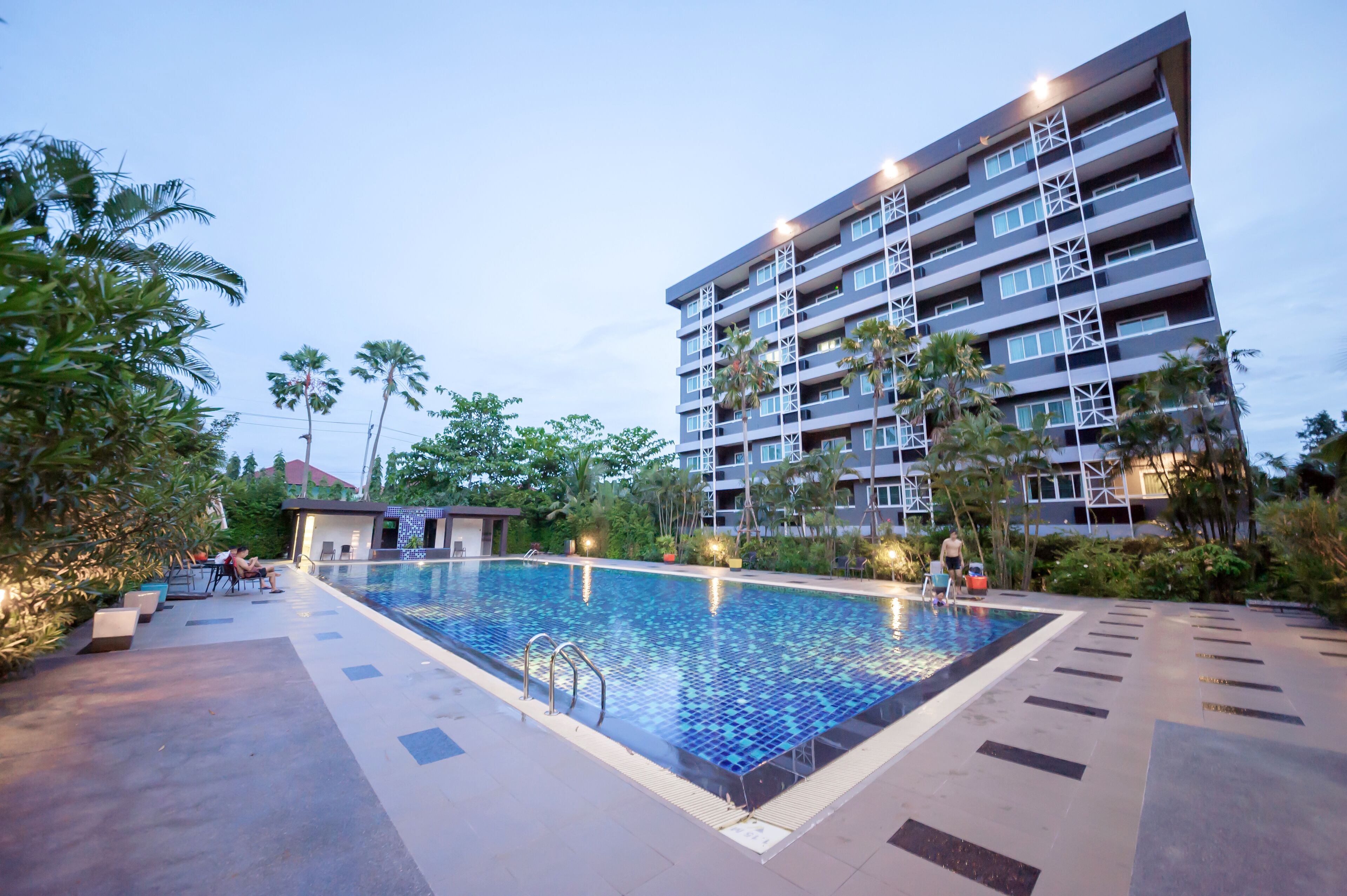 outdoor pool, pool umbrellas, pool loungers