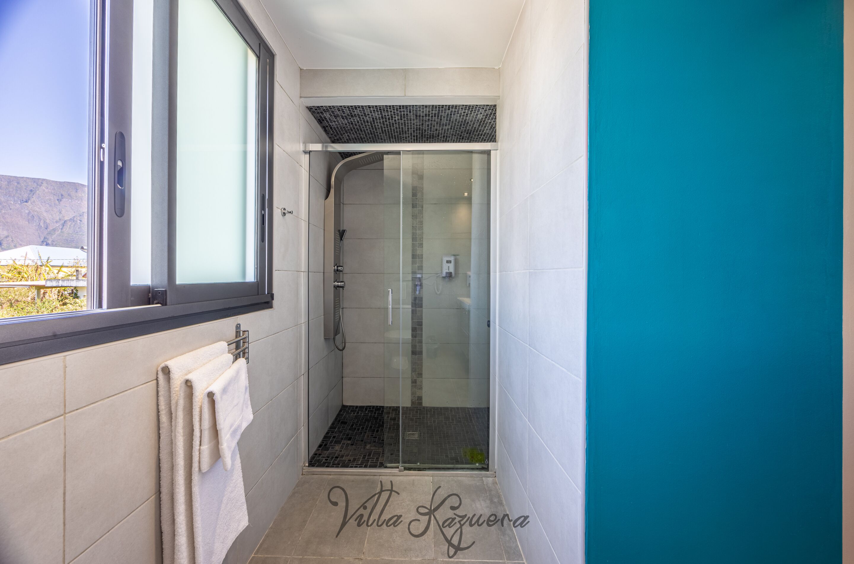 A modern bathroom with a glass shower enclosure, a window, and a towel rack.