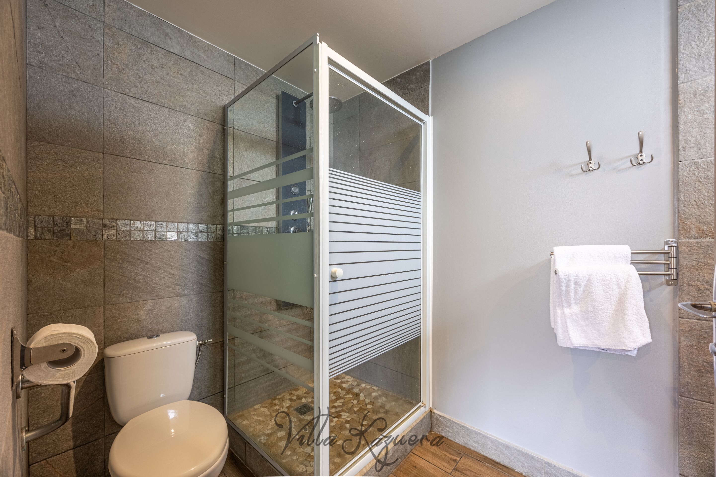 A bathroom with a glass-enclosed shower, a toilet, and a towel rack.