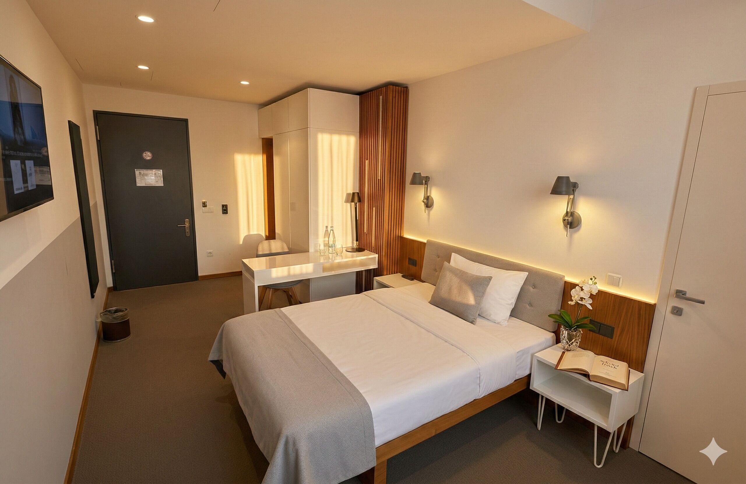 A hotel room with a bed, bedside tables, a desk, a chair, a mirror, and a door.