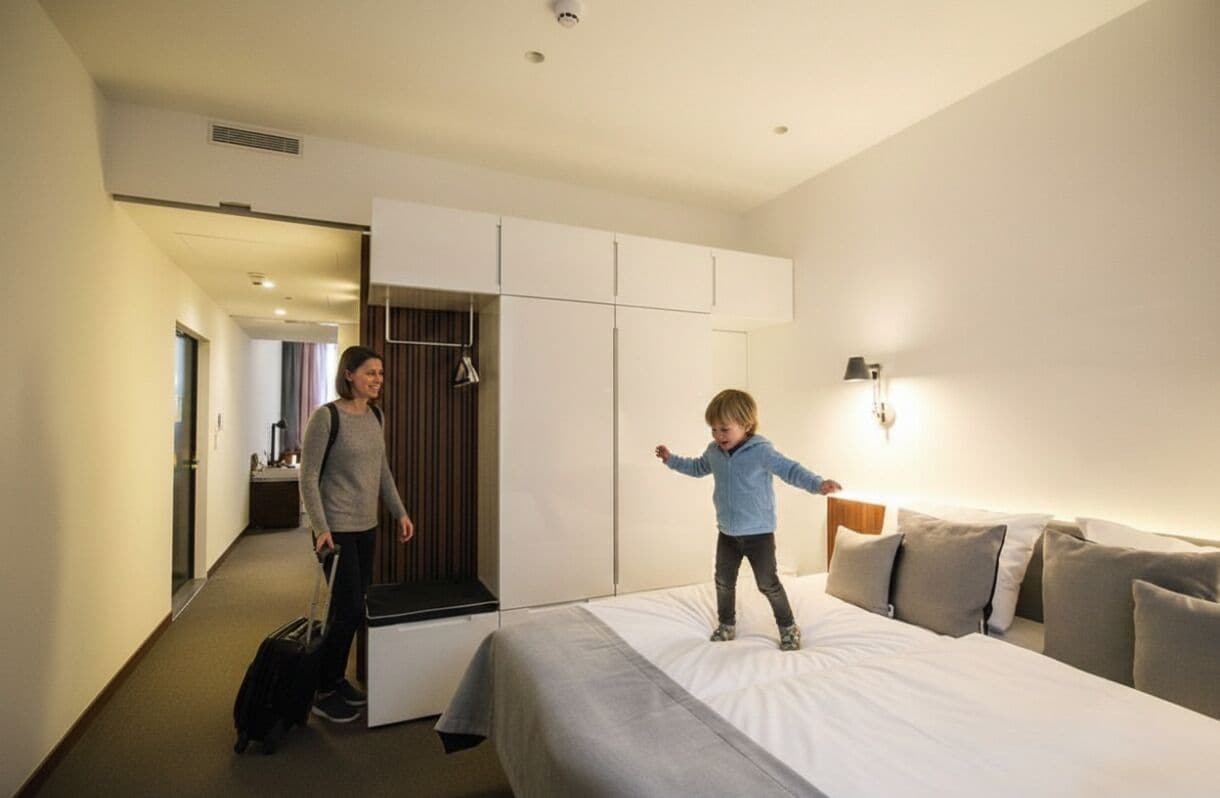 A hotel room with a bed, a wardrobe, a desk, and a lamp.